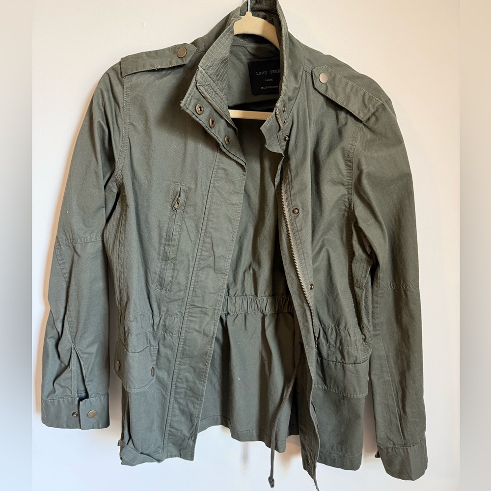 Love Tree green jacket, cinched waist